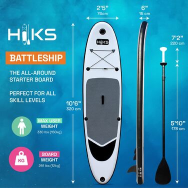 Продукція HIKS Battleship Grey 10,6 футів / 3,2 м Набір SUP дошок Inc Весло, насос, рюкзак і повідець Підходить для всіх здібностей Ідеальний набір надувної дошки для початківців, сірий, один розмір для всіх