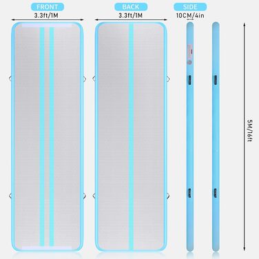 Гімнастичний килимок ROMELANDS надувний, тренувальний килимок 3M/4M/5M з повітряним насосом, гімнастичний килимок висотою 10 см для йоги, тамблінгу, гімнастики, тренувань (500 см x 100 см x 10 см, м'ятно-зелений)