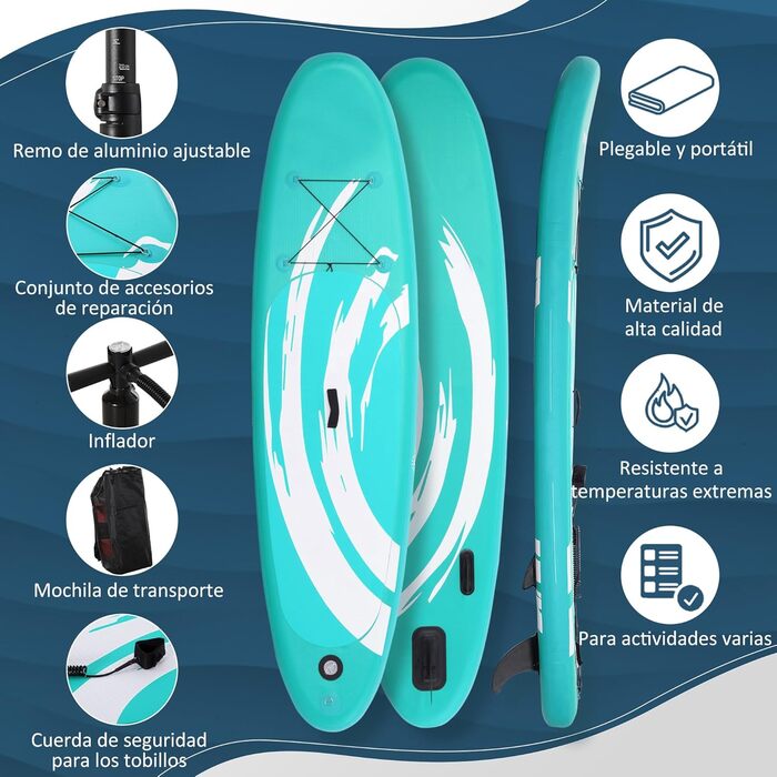 Надувна SUP-дошка Outsunny 300x76x15 см з веслом, регульованими плавниками, антиковзаючим покриттям, насосом і сумкою, синя
