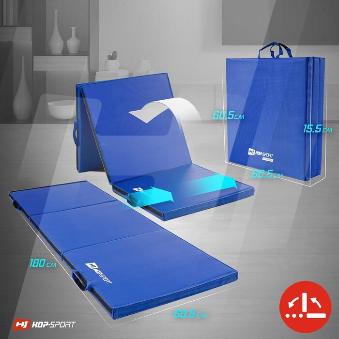 Килимок для гімнастики Hop-Sport Foldable - Підлоговий м'який килимок для дому 180x60x5см - Килимок для фітнесу, гімнастичний килимок з ручками для перенесення та товщиною Velcro застібки 4см / 5см (синій)