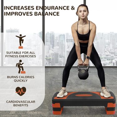Аеробна платформа Fitvids 78,7 см, 3-рівнева, для фітнесу та кардіо, степпер для дому, чорна з помаранчевим