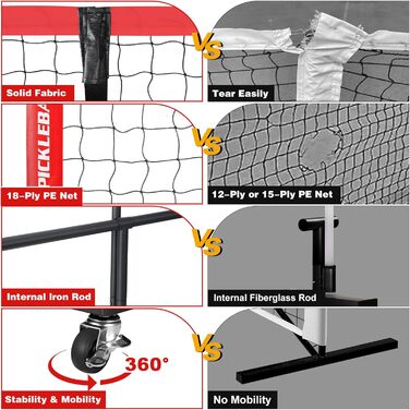 Портативна сітка для піклболу Fostoy з колесами, звичайний розмір 6,9 м і половина корту 3,9 м, 18-шарові поліетиленові сітки, міцний металевий каркас для стійкої до погодних умов гри на задньому дворі, під'їзних доріжках і гаражах чорний/червоний