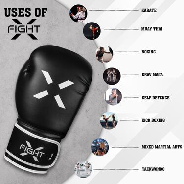 Боксерські рукавички FightX для дорослих, чорні/білі, універсальні для MMA, тренувань, кікбоксингу та спарингів, легкі та міцні для чоловіків і жінок