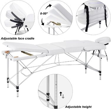Мобільний масажний стіл VORSCH 3 зони, масажний стіл складний регульований по висоті, портативна масажна лава, косметичний столик, виготовлений з алюмінію, з підлокітниками підголівником, сумка для перенесення підставки для рук, (біла)
