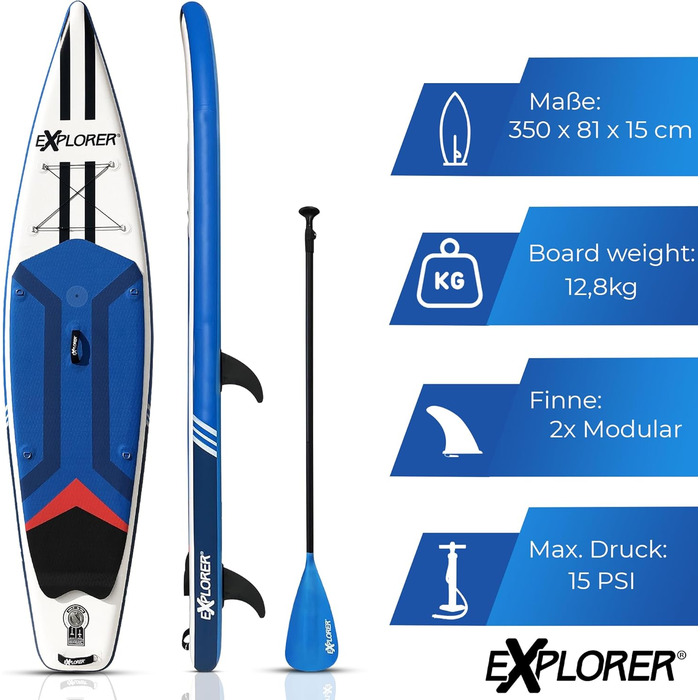 Дошка для веслування EXPLORER SUP Fusion Stand Up до 180 кг Повний комплект з алюмінієвим веслом, рюкзаком, насосом, плавником і набором патчів. (ВІНДСЕРФ-ТУРЕР 11.6)