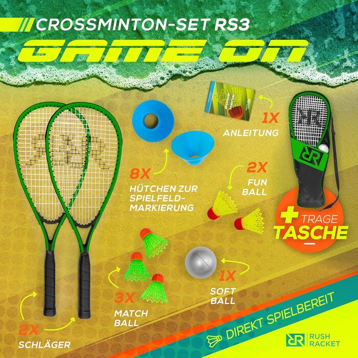 Набір ракеток Rush RS3 Speed Badminton Set 5 шт. (2 ракетки, 5 воланів, софтбол, 8 шт. розмітка поля, сумка для перенесення) Crossminton Set - Turbo Badminton Set - Швидкісний набір для бадмінтону (3rd Green)