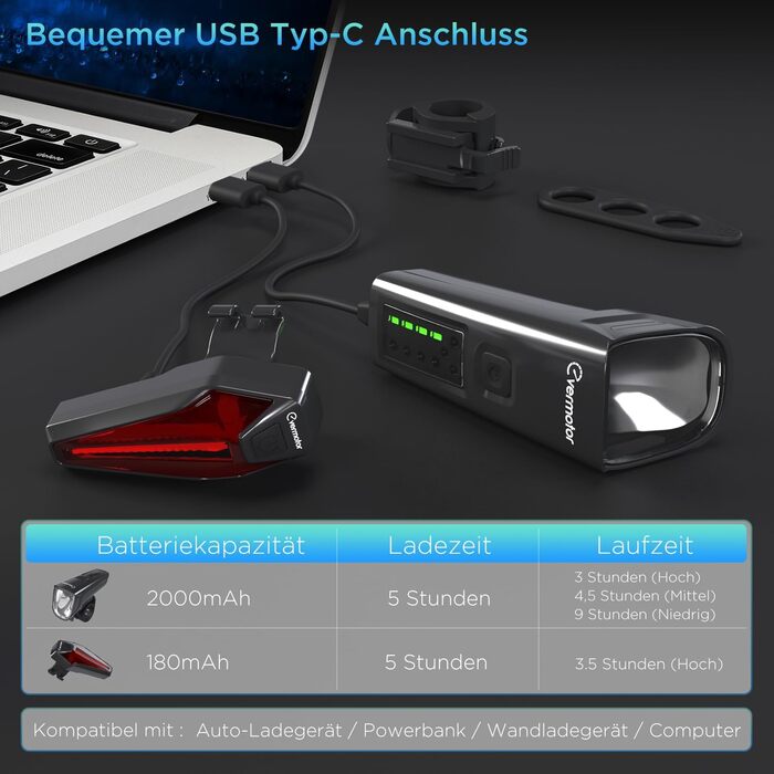 Набір велосипедних LED ліхтарів evermotor: передній і задній, StVZO, USB-C зарядка, довгий час роботи, для дітей і дорослих, аксесуари для велосипеда, 9 годин автономної роботи