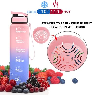 Бутилка для води ZORRI 900 мл, BPA-free, з часовою та вимірювальною шкалою, герметична, легка, спортивна, для школи, фітнесу, зелена/фіолетова