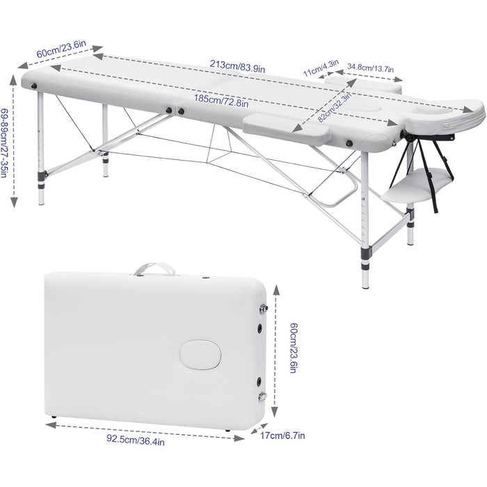 Масажний стіл мобільний, масажний стіл 2 зони, масажна лава складна, з підголівником, підлокітниками, алюмінієві ніжки, сумка для перенесення, вантажопідйомність 270 кг, регулювання по висоті, W185xD60 см, білий