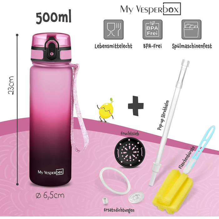 Дитяча пляшка для води My Vesperbox Minny 500 мл з іменем, BPA Free, соломка/сито, для школи та спорту, рожево-фіолетова-чорна