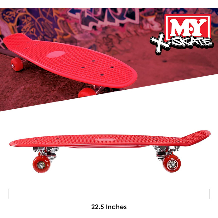 Скейтборд для початківців M.Y X-Skate Complete 55,9 см червоний пластиковий ретро для дітей, підлітків та дорослих, вафельний стиль, кулькові підшипники ABEC 7 для трюків та круїзів