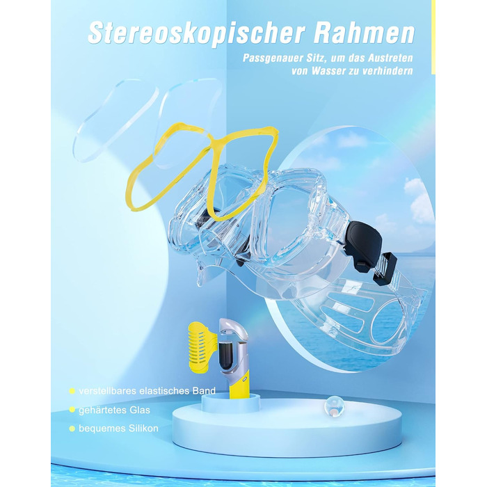 Набір сухих трубок QcoQce, маска для дайвінгу проти запотівання та панорамного виду, легке дихання та професійна маска для підводного плавання з м'яким мундштуком, набір трубок для дорослих жовтий