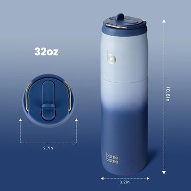 Термобутилка BOTTLE BOTTLE 946 мл з нержавіючої сталі, ізоляція, трубочка, ручка, синя, для спорту, подорожей, BPA-free, подвійні стінки, не протікає