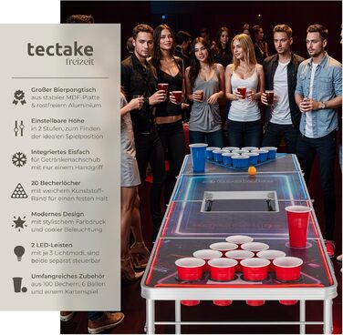 Стіл для пивного пінг-понгу tectake® Beer Pong, складаний, регульований по висоті, з ручками, у комплекті 100 стаканів (50 червоних, 50 синіх) і 6 м’ячів, настільна гра для вечірок, для дорослих
