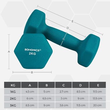 Набір гантелей SONGMICS, 3 пари, 2 x 1 кг, 2 x 2 кг, 2 x 3 кг, зберігання, тренажерний зал, силові тренування, нековзне неопренове покриття (зелений лайм аквамарин темно-сірий)