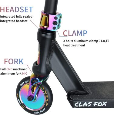 Трюковий самокат CLAS Fox Pro Freestyle, 110 мм, професійний самокат, система стиснення Kickscooter HIC, професійні трюки на самокаті та трюки BMX для дітей та дорослих Кольори веселки