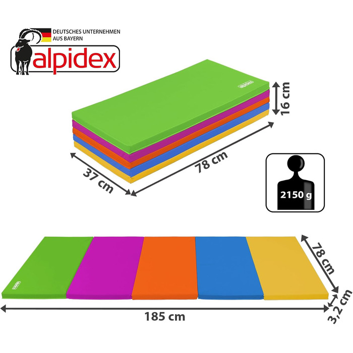 Гімнастичний килимок ALPIDEX Складний м'який килимок для підлоги 185 x 78 x 3,2 см Гімнастичний килимок Спортивний килимок для дому, дітей, дорослих (кольоровий)