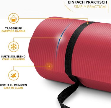 Йога-мат TRESKO 185x60x1,5 см, нековзкий, фітнес-мат, без фталатів, з ременем для перенесення, червоний