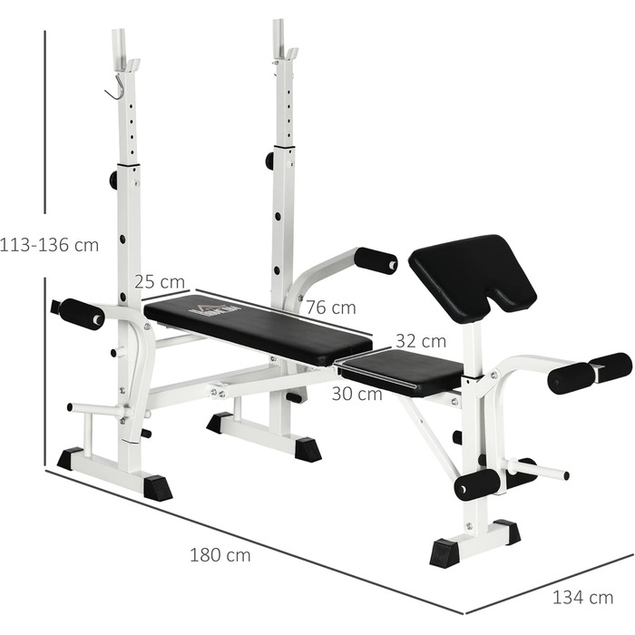 Лава для обтяжень HOMCOM багатофункціональна, регульована лава з жимом ногами, стійка для гантелей, підлокітник, жим від грудей, тренувальна лава для силових тренувань, сталь, білийчорний