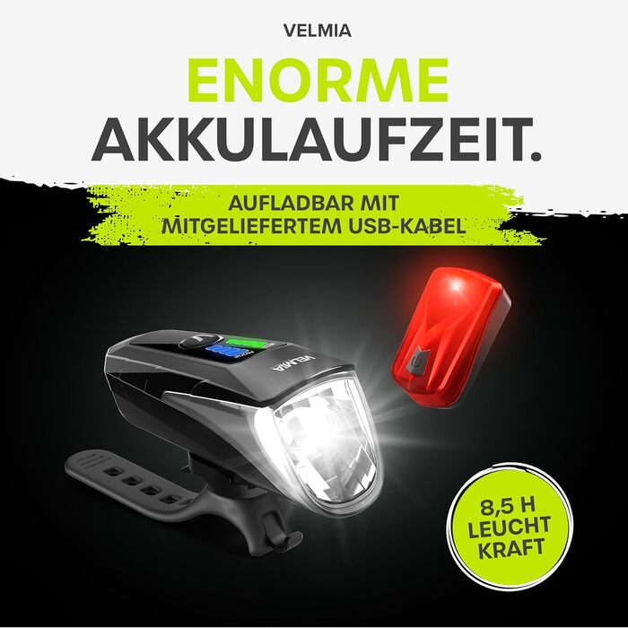 Набір велосипедних LED фар VELMIA StVZO, USB акумулятор, 8,5 годин, водостійкі, переднє і заднє світло, 70 люкс, золотий