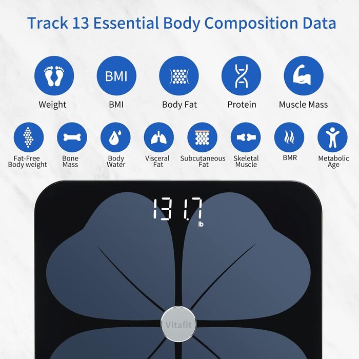 Цифрові ваги для ванної кімнати Vitafit Fat Scale, Bluetooth ваги складу тіла з додатком, розумні ваги для жиру в організмі, ІМТ, м'язової маси, білка, BMR, чорний