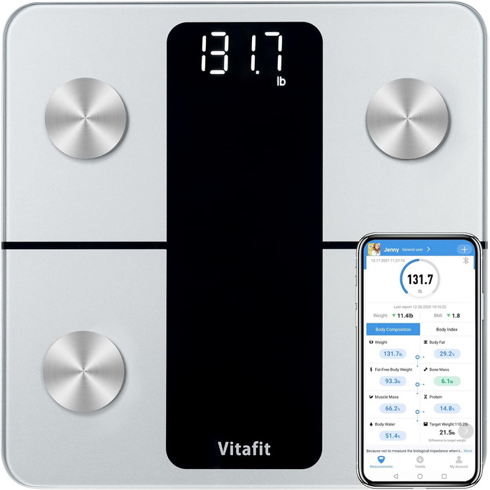 Ваги для ванної кімнати Vitafit Weight Fat Scale з додатком 180 кг, шкала складу тіла з Bluetooth, ваги для людей з жиром і м'язовою масою, ІМТ, білок, BMR, чорний (шкала жиру в організмі срібло)