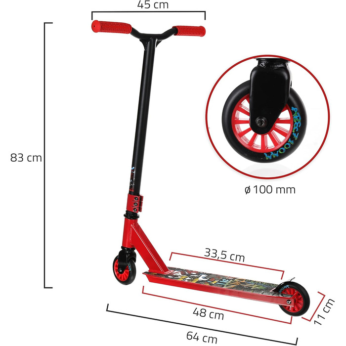 Трюковий самокат SportVida, самокат Kickscooter Kick Scooter Kickboard з фіксованою планкою обертання на 360 Kickscooter Trick Scooter для дітей Дорослі PU колеса (червоні та чорні)