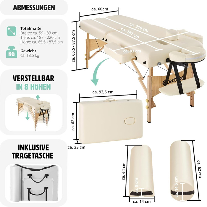 Масажний стіл Tectake 2 зони, масажний стіл складний, масажний стіл з підкладкою 7,5 см, мобільний масажний стіл, голова і підлокітник, масажна лава з дерев'яними ніжками, 2 ролика для зберігання, сумка для перенесення - бежева
