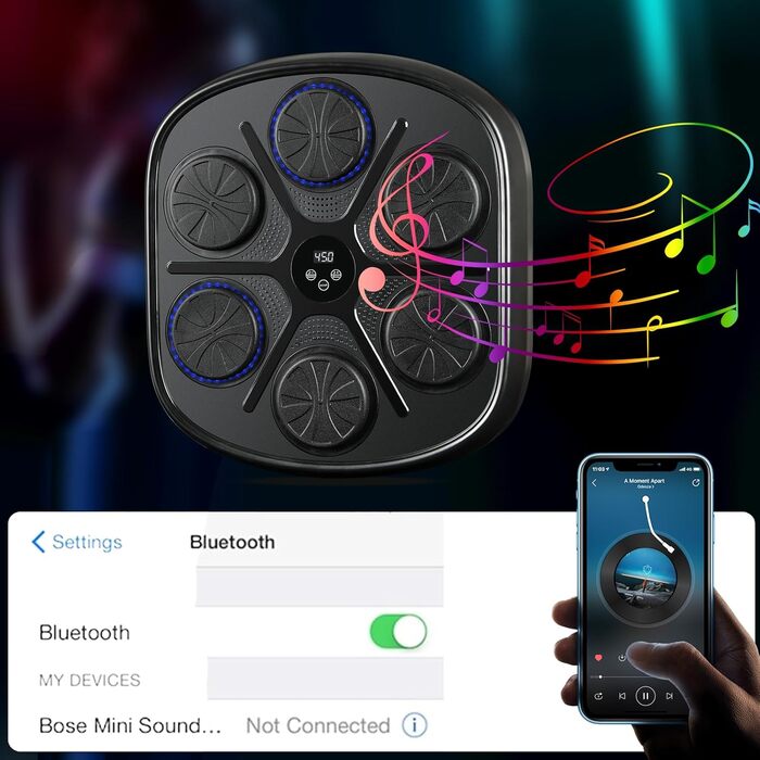 Музичний боксерський тренажер LEAFIA, світлодіодна боксерська груша з настінним кріпленням Боксерська мішень Музична боксерська машина, Bluetooth, 9 швидкісних режимів і режим підрахунку, зняття стресу та тренування спритності концентрації для дорослих і 