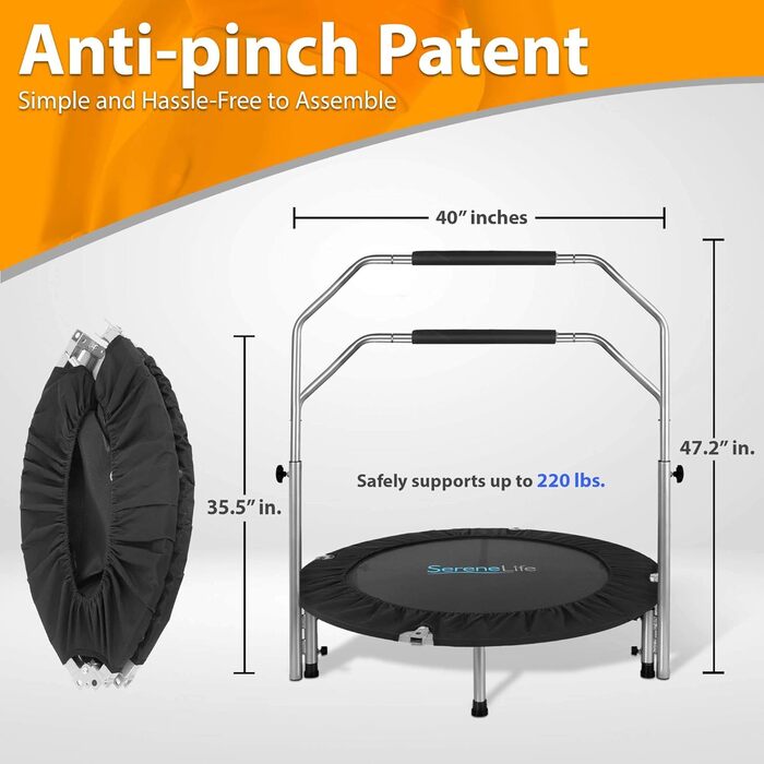 Портативний і складаний батут SereneLife 101,6 см міні-ребаундер з регульованим поручнем, фітнес-вправи чорний