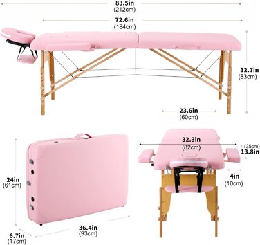 Зонний масажний стіл Panana Портативна масажна лава Регульований по висоті масажний стіл з підголівником і знімними дерев'яними підлокітниками (світло-рожевий), 2-