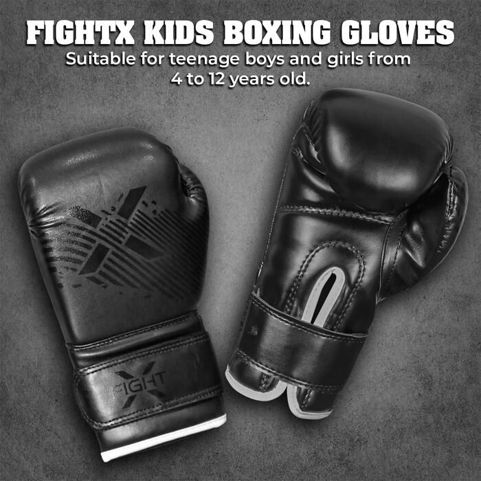 Дитячі боксерські рукавички FightX, 113 г, чорні, PU-шкіра, для тренувань і спарингів, для хлопчиків і дівчаток, MMA, комплект