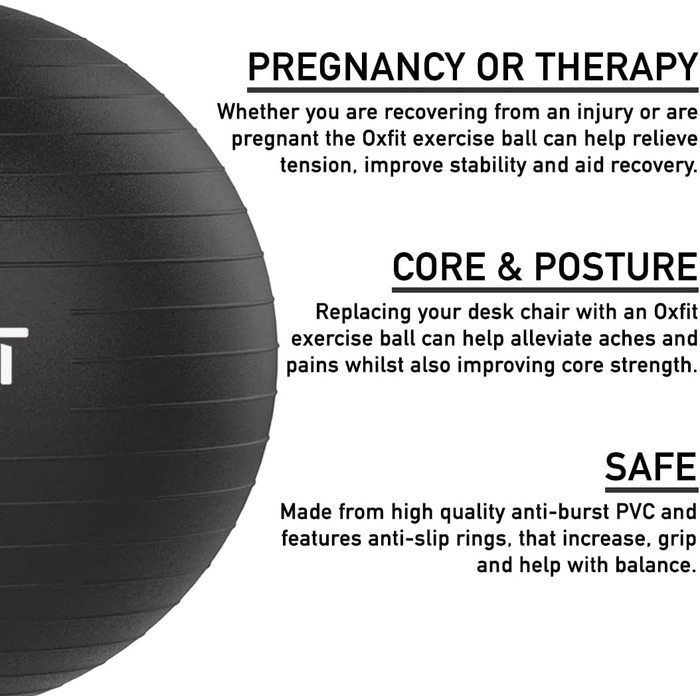 М'яч OXFIT 70-75см чорний - Anti-Burst, насос для ніг, Multi-Size