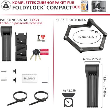 Компактний складаний замок FoldyLock для велосипеда, набір з 2 велозамків з 6 однаковими ключами і кріпленням, високий рівень безпеки, легкий, для електровелосипеда, самоката, довжина 85 см