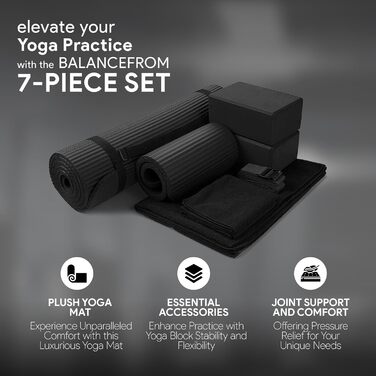 Набір для йоги BalanceFrom GoYoga 7-в-1: килимок 1/2'' з ременем, 2 блоки, рушники, ремінь та наколінник, чорний