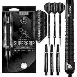 Дартс Harrows SUPERGRIP Black Edition 90% вольфрам, 21-30 г, з наконечником із сталі, комплект із супергріп-шахтами і крилами