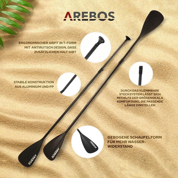 Arebos 2-в-1 весло для SUP, каное та каяка, алюмінієве, розсувне 156-215 см