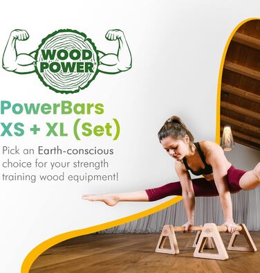 Дерев'яні паралетки WOODPOWER PowerBars, зручні для суглобів ручки для віджимань, стійки на руках і міні-бари, нековзкі для приміщень і вулиці для гімнастики, тренувань з власною вагою і йоги (набір XS XL)