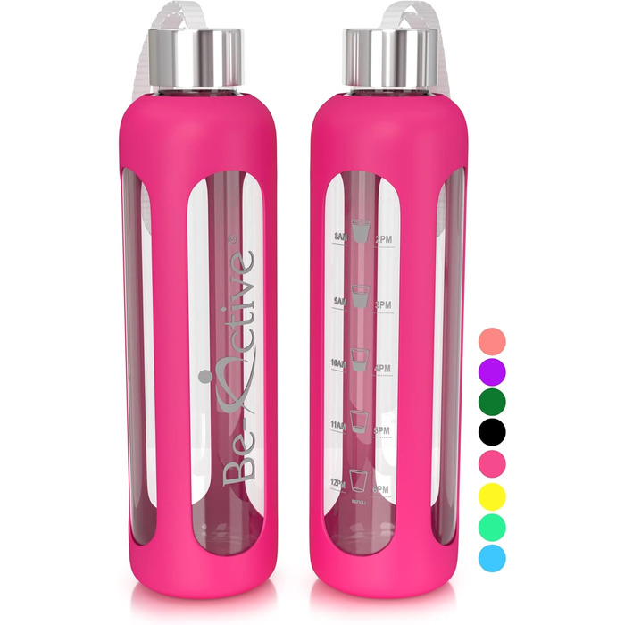 Скляна пляшка для води Be-Active 1000 мл з боросилікатного скла, BPA Free, з силіконовим чохлом, гаряче рожевий колір