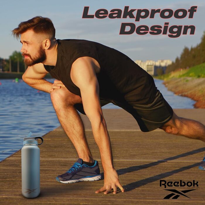 Пляшка для води Reebok з нержавіючої сталі, ізольована, з трубочкою, спортивний дизайн, 900 мл, подвійні стінки, вакуумна ізоляція, BPA-free, синя