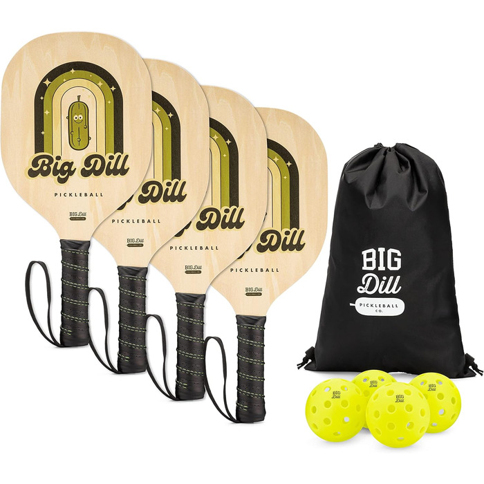 Набір Big Dill Pickleball Co. Superstar: 4 дерев'яні весла, 4 м'ячі, сумка