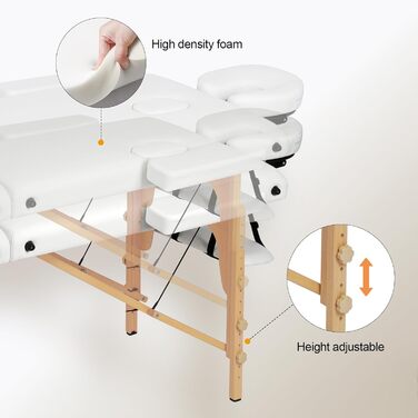 Мобільний масажний стіл VORSCH 2 зони, масажний стіл складний регульований по висоті, переносна масажна лавка на дерев'яних ніжках, косметичний столик з підлокітниками підлокітник підлокітник сумка для перенесення, (біла)