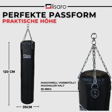 Боксерський мішок Lisaro Profi 120 см, 35-38 кг, вініл, для всіх видів спорту, заповнений/незаповнений, з 4-точковим сталевим ланцюгом, студійна якість