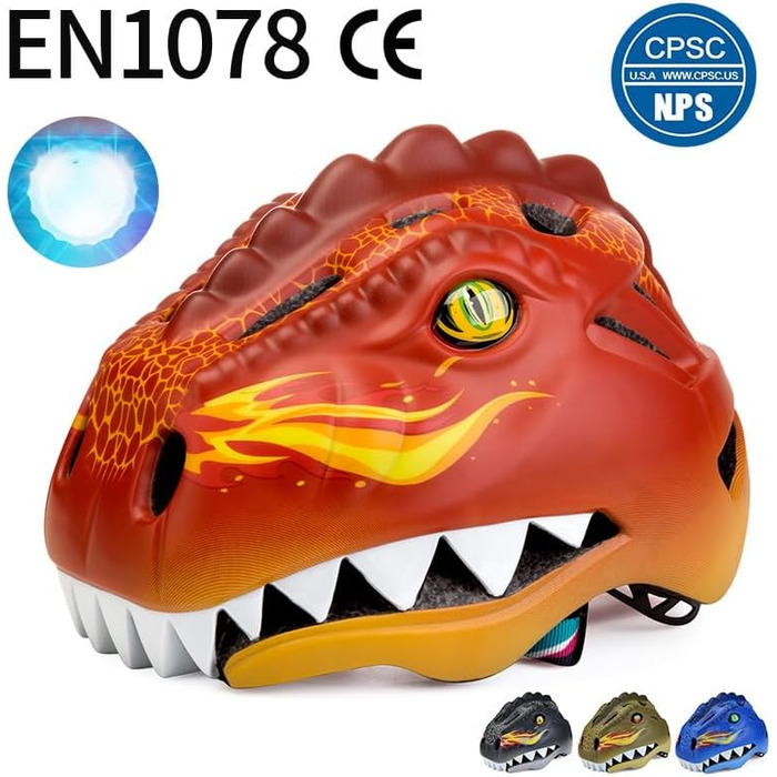Дитячий велосипедний шолом з LED-світлом 3D динозавр для хлопчиків і дівчаток 3-8 років, регульований, дихаючий, для велосипеда, скейтборда, самоката