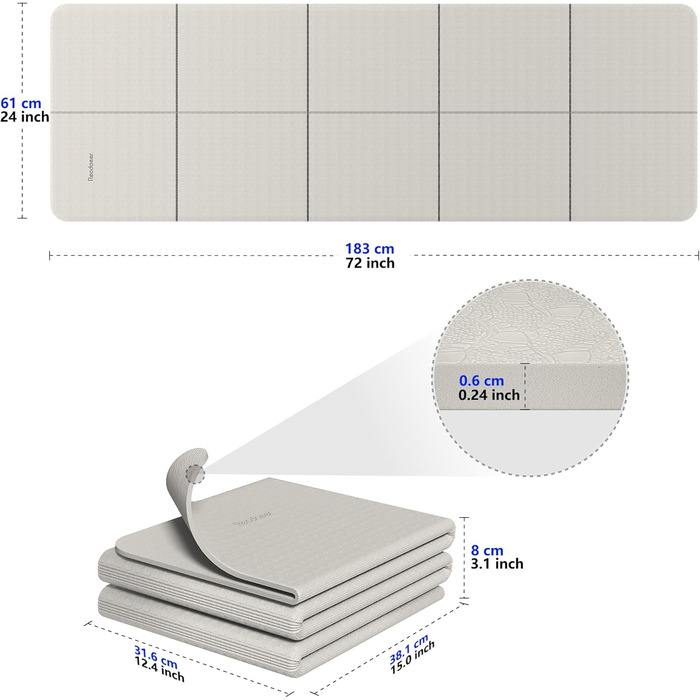 Складаний килимок для йоги для подорожей, складаний килимок для йоги, товщиною 6 мм, з сумкою для перенесення, нековзний килимок для вправ TPE для 183 см Д x 61 см Ш (сірий)