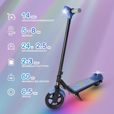 Самокат E-RIDES Kids 6-12, Rainbow Light, 5-8 км, LED, 14 км/год