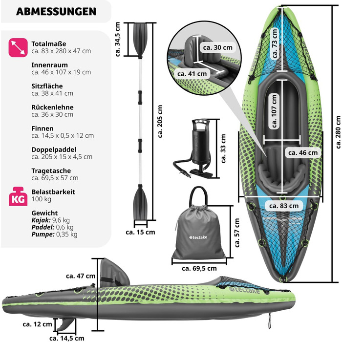 Човен-байдарка Tectake надувний, надувний весловий човен на каное на 1 особу з подвійним веслом та аксесуарами сидіння, насос, транспортна сумка, для водних видів спорту, відпочинку, як рибальський човен, гребний човен