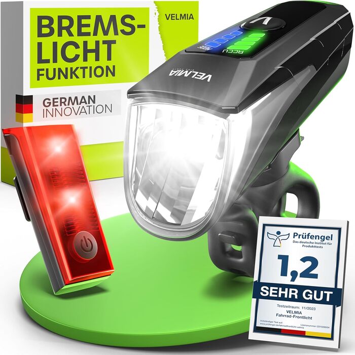 Набір велосипедних LED фар VELMIA, StVZO, USB-акумулятор, водостійкі, 8,5 год роботи, переднє 70 Люкс + заднє світло, золото