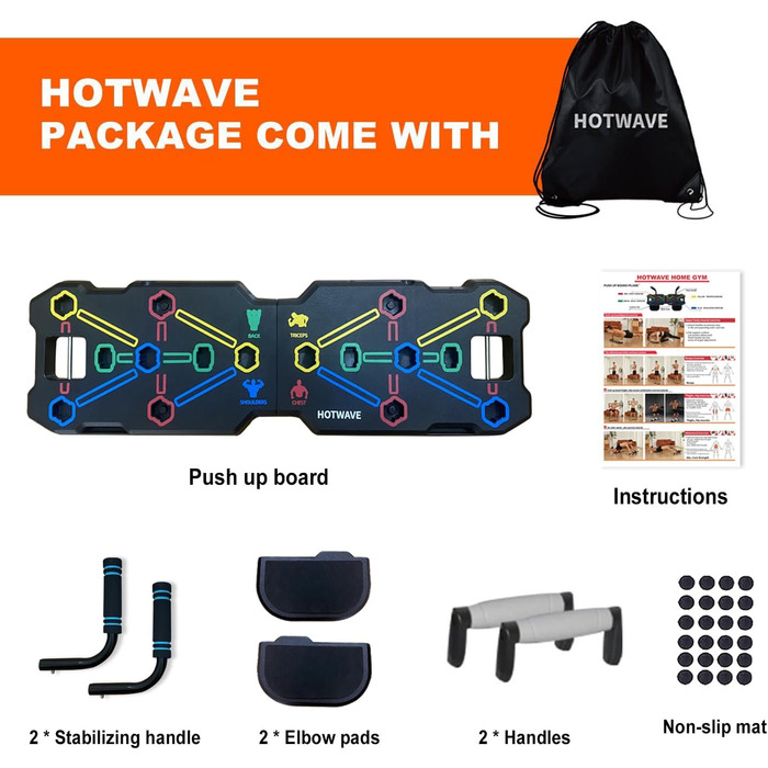 HOTWAVE портативний фітнес-набір 20 в 1: дошка для віджимань, еспандер, ролик для преса, домашній тренажер для чоловіків та жінок