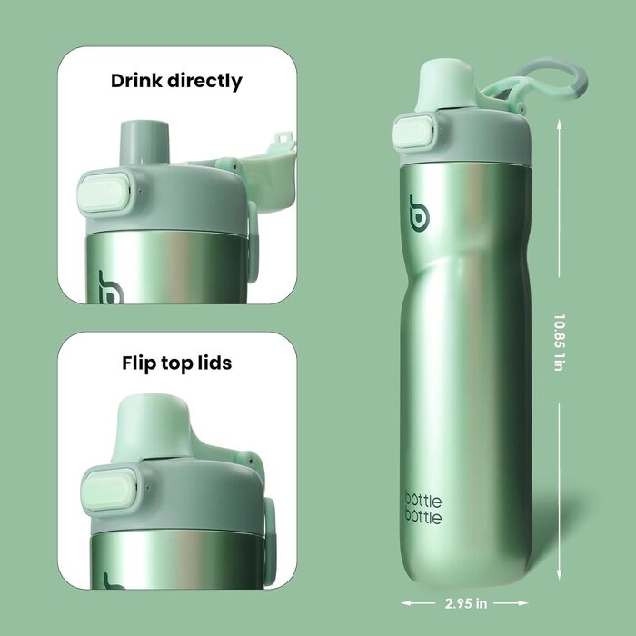 Термобутилка для води BOTTLE BOTTLE 680 мл із ручкою, зелена, ізоляційна, з клапаном, для спорту, велоспорту, подорожей, не протікає